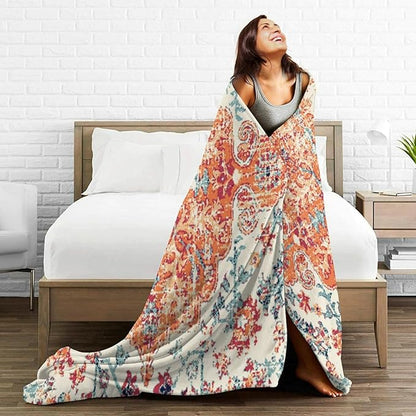 HGOD DESIGNS Carpet Pattern Throw Blanket Boho Style Ethnic Design Orange Blue Soft Blankets and Throws 40x50 Inch Caring for Women Men (100x130cm)