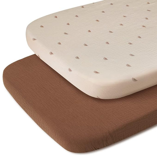 Blissful Diary Muslin Bassinet Sheets for Baby Girls Boys, Boho Soft Cotton Fitted for Oval Hourglass Rectangle Mattress, 2 Pack(Sunshine&Brown)