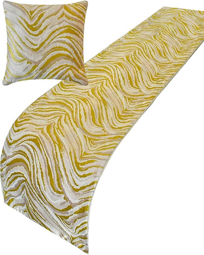The HomeCentric King/Queen/Twin Yellow & Grey Decorative Bed Runner Queen 74"x18" Bed Runner with Two Pillow Cover, Abstract Wave Pattern Bed Scarf on Jacquard Fabric - Yellow Whirls