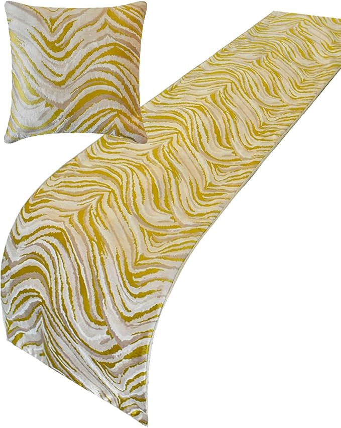 The HomeCentric King/Queen/Twin Yellow & Grey Decorative Bed Runner King 90"x18" Bed Runner Without Pillow Cover, Abstract Wave Pattern Bed Scarf on Jacquard Fabric - Yellow Whirls