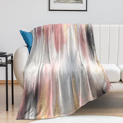 Fashion Gradient Blanket, Modern Art Baroque Gold Grey Pink Painting Strokes Pattern Soft Warm Cozy Plush Flannel Covers for Livingroom Bedroom Couch Chair Camping Travel Home Decor Tapestry 60x80in