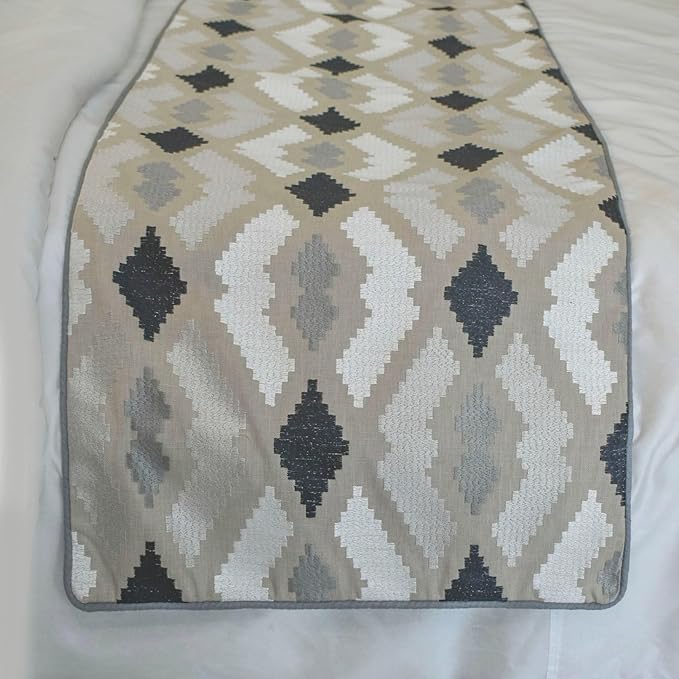 The HomeCentric King/Queen/Twin Beige Decorative Bed Runner Queen 74"x18" Bed Runner with One Pillow Cover, Embroidery,Aztec Bed Scarf on Linen Fabric - Thread Tale