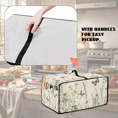Butterfly Daisy Floral Print Microwave Oven Dust Cover Dust-Proof Heavy Duty Microwave Oven Cover with Storage Pockets Waterproof Decor Accessories for Kitchen, S