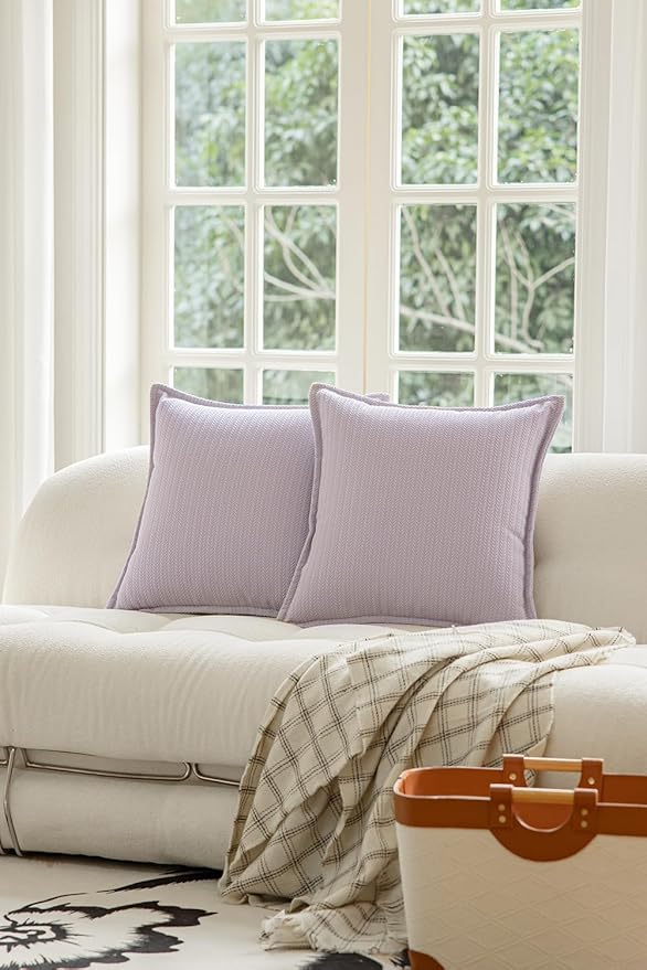 Set of 2 Cozy Striped Herringbone Flange Throw Pillow Covers, Aesthetic Embossed Pattern Pillow Covers for Couch and Bed - 20"x20", Languid Lavender