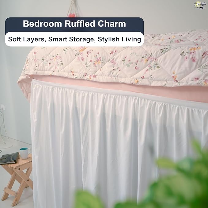 Cottington Lane Extra Long Ruffled College Dorm Bed Skirt 46 Inch Drop, Premium Hotel Collection Brushed Mircofiber Twin XL Dust Ruffle Raised Dorm Room Essentials and Decor, White Solid