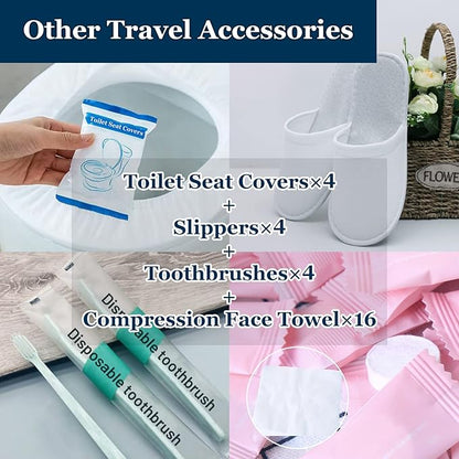 Extguds Disposable Travel Set : Bed Sheet×2+Duvet Cover×2+Pillow case×4+Bath Towels×4+Shower Caps×4+Plastic Bathtub Bag×4+Toilet Seat Covers×4+Compression face Towel×16+Toothbrushes×4+Slippers×4
