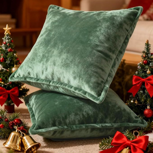Luxurious Velvet Throw Pillow Covers 20x20 Set of 2 Decorative Pillow Covers Solid Square Cushion Case for Sofa Couch Bedroom Farmhouse, Green