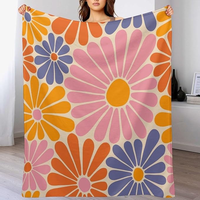 1970s Hippie Floral Throw Blanket, Retro Orange Pink Blue Flower Boho Groovy Daisy Flowers Comfortable Blanket for Couch Sofa Couch Chair 40"x50"