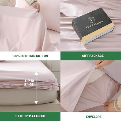 1000 Thread Count Egyptian Cotton Sheets Queen Size Set 4PCS Sateen Weave Soft Breathable 16-Inch Deep Pocket（Queen,Light Pink）