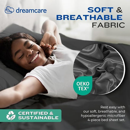 DREAMCARE King Size Sheets Set – 4 pcs Super Soft & Lightweight Cooling Sheets – up to 21” Deep Pocket King Sheet Set – Hotel Luxury Sheets & Pillowcases – 100% Fine Microfiber with Side Pocket Gray