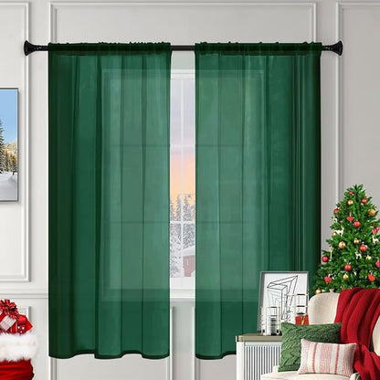 Sheer Curtains 63 Inches Long 2 Panels, Rod Pocket Short Curtain for Kitchen, Bedroom, Cafe Window(Foliage Green 38" W x 63" L)