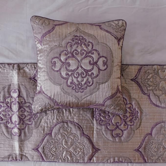 The HomeCentric King/Queen/Twin Purple Decorative Twin 53"x18" Bed Runner with 2 Pillow Cover, Damask & Quilted Bed Scarf on Jacquard Fabric - Embre Purple