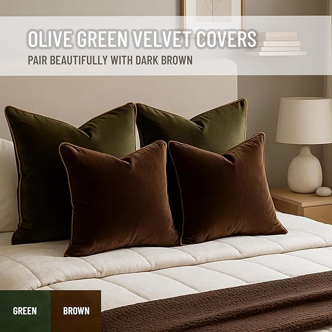 2 Pack Velvet Decorative Throw Pillow Covers, 18"x18", Green and Camel, Solid, Modern, Contrast Piping, Indoor Use, Bedroom & Living Room