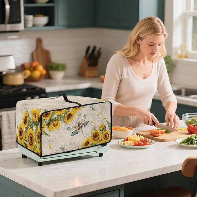 Dragonfly Sunflower Print Microwave Oven Cover Dust-Proof Microwave Toaster Oven Cover with Storage Bags Universal Washable Decor Accessories for Kitchen, L