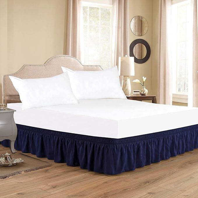 Navy Blue Wrap Around Bed Skirts - Three Sides Fabric Adjustable Elastic Dust Ruffle Soft -600 TC Stretchy Bed Skirt-California King(72"X 84") Navy Blue