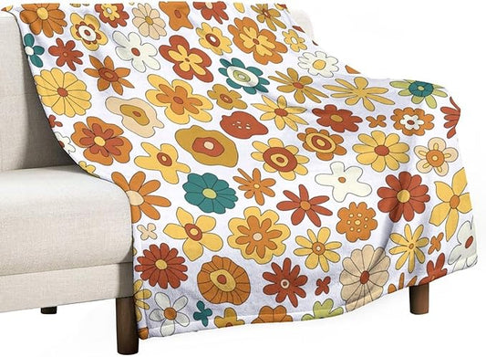 Vintage Hippie Floral Blanket, 70s Boho Abstract Yellow Orange Flowers Funny Print Throw Blanket for Holiday Theme Home Decor Bedding Couch 50"x60"