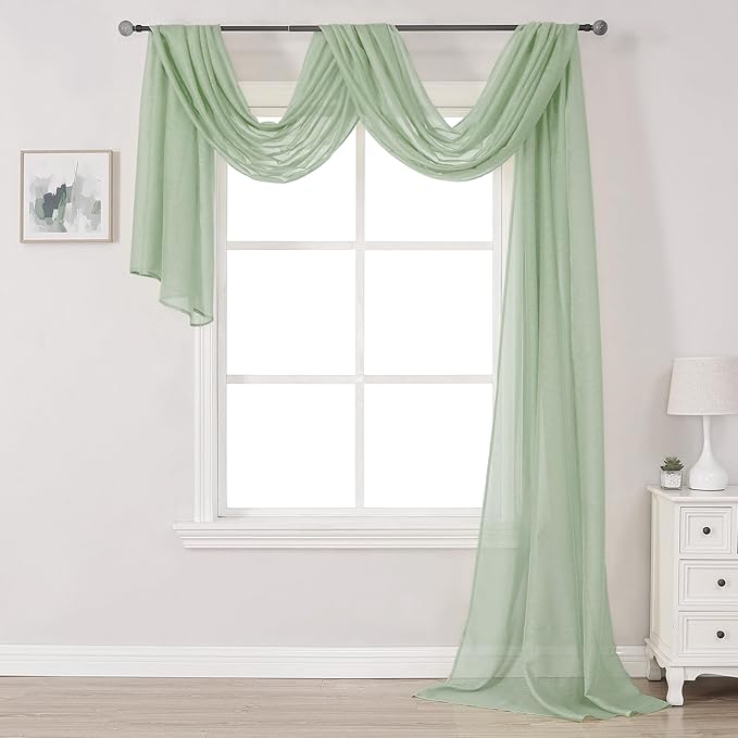 DONREN Sage Green Semi-Sheer Window Valance - Luxury Soft Scarf for Window Wedding Arch, Sheer Curtains (1 Panel, 52 x 216 Inch Length)