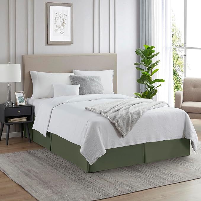 Nestl Olive Green Full XL Bed Skirt - Full XL Size Bed Skirt 14 Inch Drop - Brushed Microfiber Bed Skirts - Hotel Quality Pleated Bed Skirt - Shrinkage & Fade Resistant
