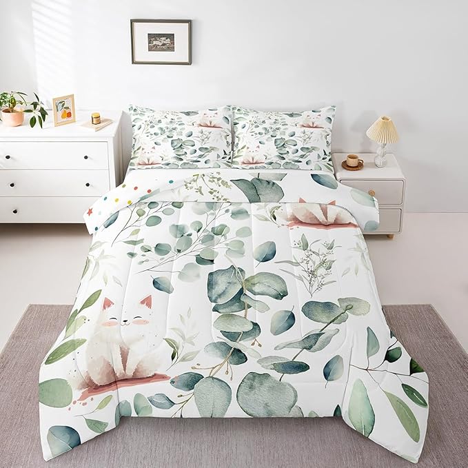 Erosebridal Kawaii Cat Full Bedding Sets for Boys Girls Cartoon Animal Comforter Set, Eucalyptus Leaves Bedding Comforter Sets Pet Kitten Duvet Insert, Tropical Botanical Plants Down Comforter