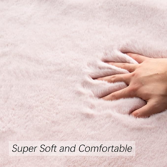 Pink Boho Faux Rabbit Fluffy Fur Rugs for Bedroom Shag Circle Washable Area Rugs for Living Room Nursery Round Rug 4ft