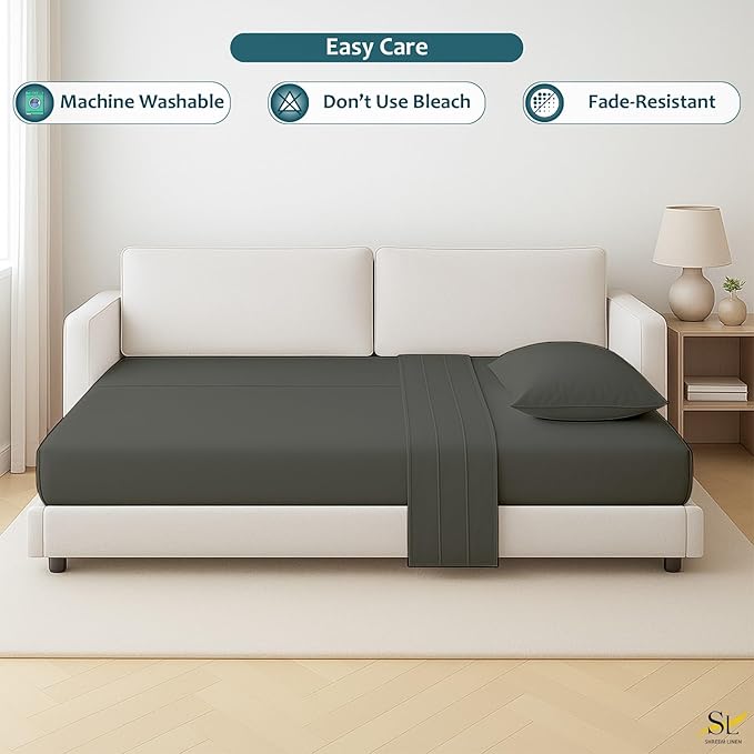 Luxury Queen Sleeper Sofa Bed Sheet Set,100% Egyptian Cotton, 338 Thread Count, Queen Size (60 x74 +6 Inch Deep Pocket) Soft and Light Weight 4pcs Sofa Set (Dark Grey Solid)