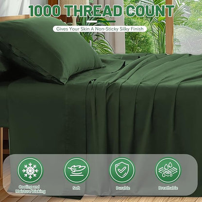 100% Egyptian Cotton Sheets King Size 4PCS 1000 Thread Count Sateen Weave Soft Breathable 16-Inch Deep Pocket （King,Forest Green）