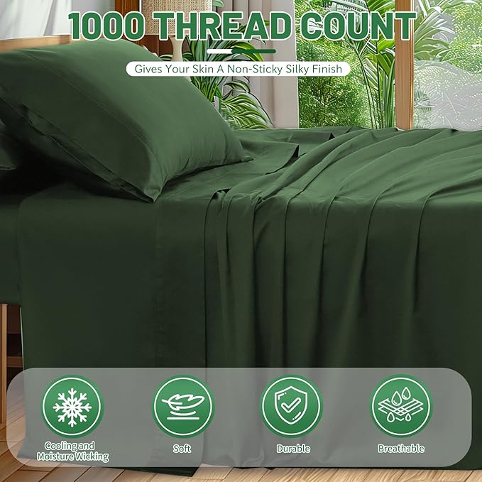 100% Egyptian Cotton Sheets Cal King Sheet Set 4PCS 1000 Thread Count Sateen Weave Soft Breathable 16-Inch Deep Pocket（California King,Forest Green）