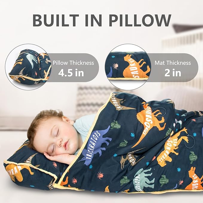 Primlect Thickened Toddler Nap Mat with Removable Pillow and Minky Blanket, Extra Large 55''x35'' Sleeping Bag, Washable, Roll up, Perfect for Daycare, Preschool, Kindergarten, Boys and Girls Dinosaur