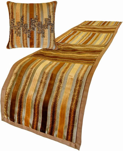 The HomeCentric King/Queen/Twin Gold & Brown Decorative King 90"x18" Bed Runner with One Pillow Cover, Striped, Beadwork & Handmade Bed Scarf on Velvet Fabric - Streamlined