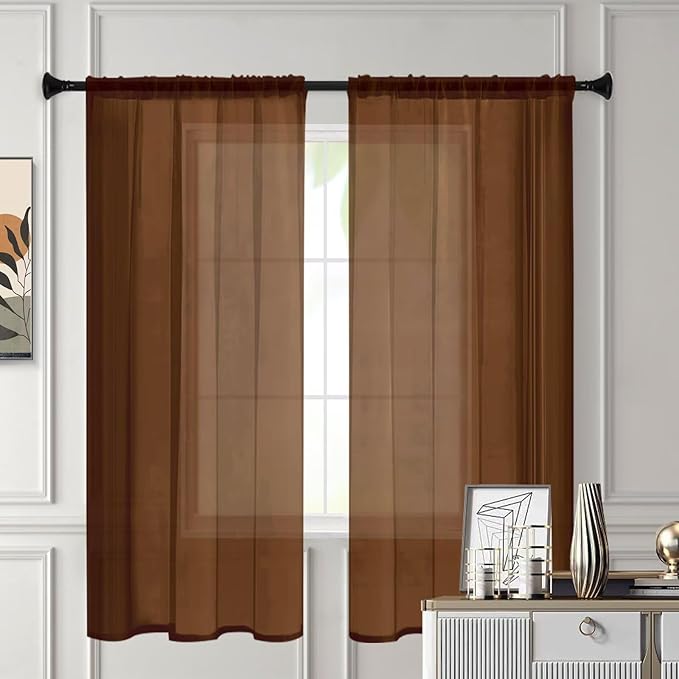 Sheer Curtains 84 Inches Long 2 Panels, Rod Pocket Short Curtain for Kitchen, Bedroom, Cafe Window(Brown 38" W x 84" L)