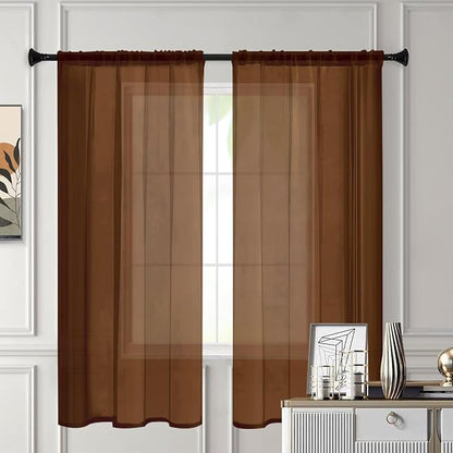 Sheer Curtains 45 Inches Long 2 Panels, Rod Pocket Short Curtain for Kitchen, Bedroom, Cafe Window(Brown 38" W x 45" L)
