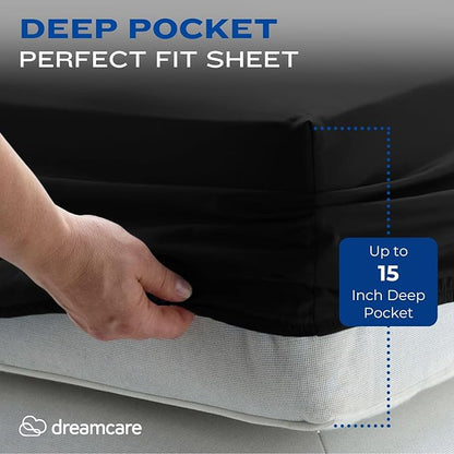 DREAMCARE Twin Sheets - Cooling Bed Sheets - 4pc Set - up to 15" Deep Pocket - Soft & Long Lasting 100% Fine Brushed Polyester with Side Pocket - Black