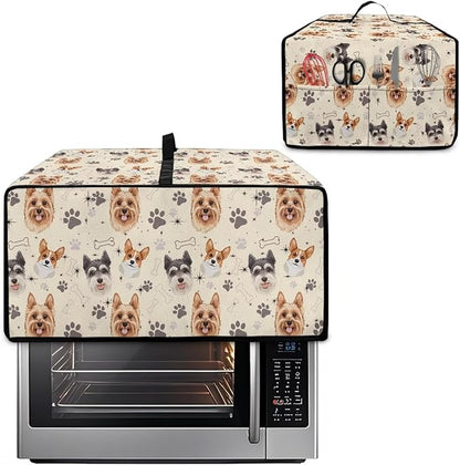 Air Fryer Toaster Oven Dust Cover Washable Fabric Convection Oven Protector with Storage Pockets, M, Yorkshire Terrier Schnauzer Dog Bone Paw Beige Puppy Pattern