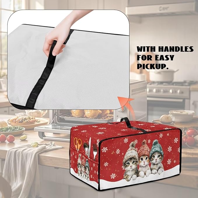 Toaster Oven Cover Dustproof Protective Countertop Convection Oven Cover with Side Pockets for Christmas Holiday Decorations, M, 16.5 x 20.5 x 10 Inches, Cat Snowflake Red