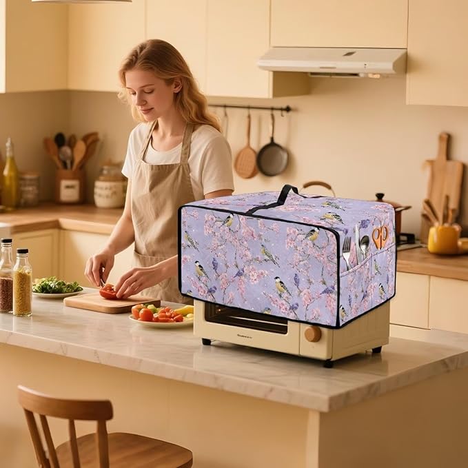 Dust-Proof Microwave Oven Grill Cover Protector Cherry Blossom Robin Bird Print Polyester-Linen Fabric Toaster Oven Dust Cover with Storage Bags Case Protections for Microwave Oven, L