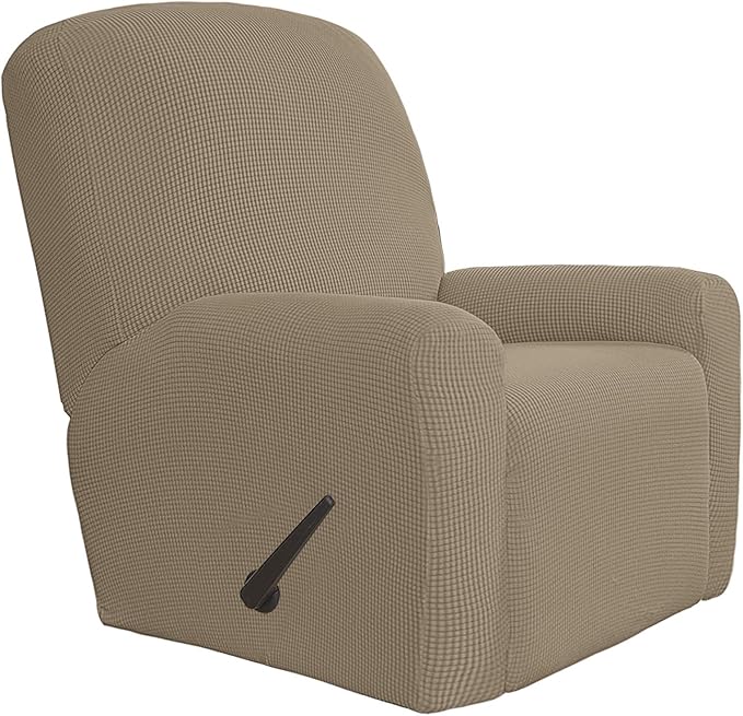 Easy-Going 4 Pieces Oversized Recliner Stretch Sofa Slipcover Sofa Cover Furniture Protector Couch Soft with Elastic Bottom Polyester Spandex Jacquard Fabric Small Checks Natural,X-Large