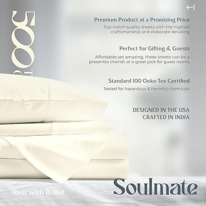 Mayfair Linen 100% Cotton Bed Sheets Queen Sheet Set - 500 Thread Count Sheets Queen Size 4 PC Set (Ivory), Soft, Cooling, Hotel-Quality 16" Deep Pocket Sateen Cotton Bedsheet for Hot Sleepers