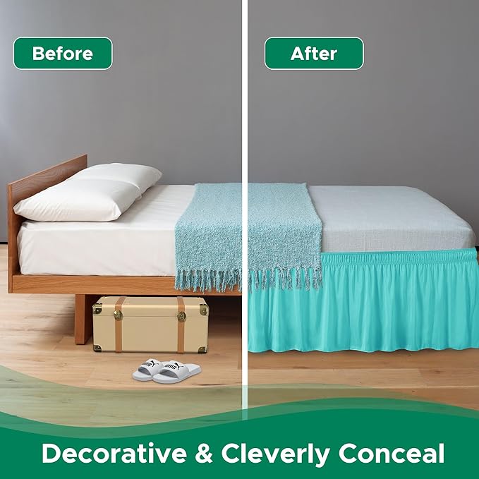Biscaynebay Wrap Around Bed Skirts for Twin & Twin XL Beds 15" Drop, Aqua Adjustable Elastic Dust Ruffles Easy Fit Wrinkle & Fade Resistant Silky Luxurious Fabric Machine Washable