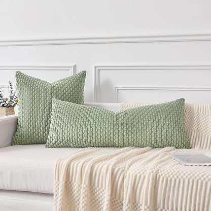 Kevin Textile 20x54 Inch Long Body Lumbar 1 Pack Boho Decorative Throw Pillow Cover Soft Striped Corduroy Rectangle Cushion Case Farmhouse Accent for Living Room Couch Sofa Bed, Sage Green