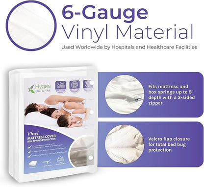 Hygea Natural King Size Tear-Free Vinyl Box Spring & Mattress Cover - Waterproof, Anti-Bed Bug and Allergen-proof, Zippered Encasement - 78” x 80” x 9” Deep - Durable Protection
