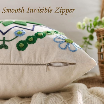 Embroidered Throw Pillow Cover 22x22 Classic Boho Floral Pattern Pillows Cover Outdoor Decorative Pillowcase,Durable Cozy Textured Cushion Case for Sofa Couch Bed Living Room,Green