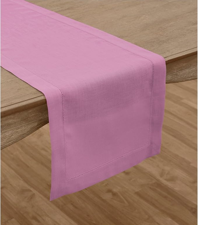 Solino Home Linen Table Runner 108 Inches Long - Classic Hemstitch 100% Pure Linen Violet Dining Table Runner 14 x 108 Inch