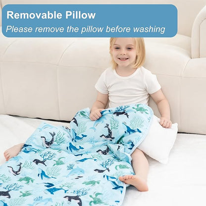 Viviland Toddler Nap Mat, Rolled Sleeping Mats with Pillow and Minky Dot Blanket for Girls Boys, Kids Slumber Bags/Nap Mat for Preschool, Daycare, Kindergarten, Travel Camping - Blue Ocean Whales