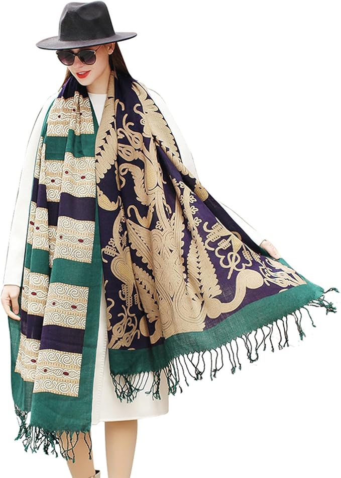 DANA XU 100% Merino Wool Pashmina Shawl for Women 96"x43", Oversized Cashmere Wrap with Tassels, Floral Travel Blanket Cape