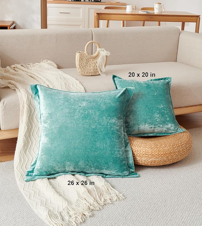 Luxurious Velvet Euro Shams Decorative Throw Pillow Covers 26x26 Set of 2 Solid Square Euro Pillow Shams for Sofa Couch Bedroom, Aqua Green