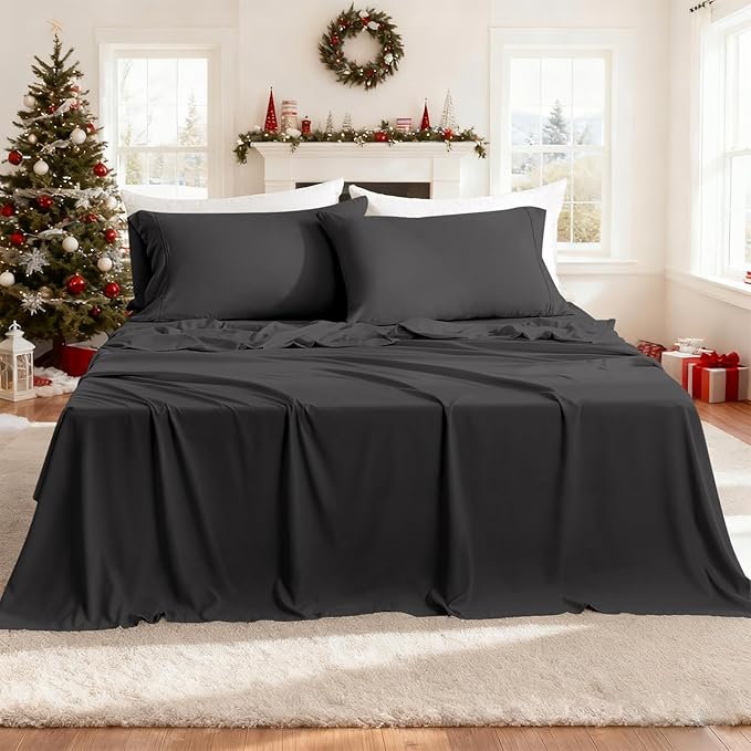 California King Sheet Sets,Hotel Luxury 4 Piece Breathable Cooling Sheet Fits 16" Deep Pocket Mattress, Easy Care Wrinkle Free Bedding Sheet and Pillowcase Bed Sheet Cal King Size,Dark Gray