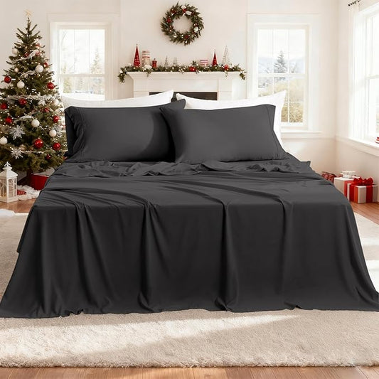 California King Sheet Sets,Hotel Luxury 4 Piece Breathable Cooling Sheet Fits 16" Deep Pocket Mattress, Easy Care Wrinkle Free Bedding Sheet and Pillowcase Bed Sheet Cal King Size,Dark Gray
