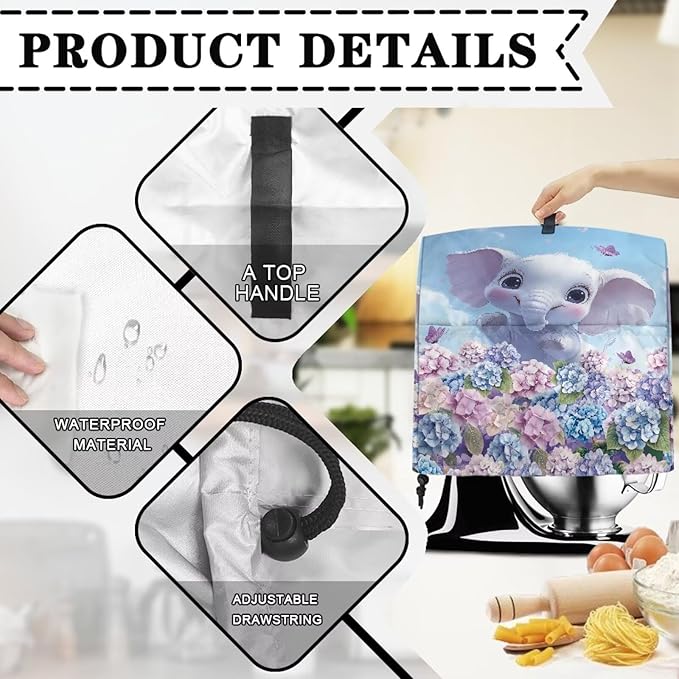 Cute Cartoon Elephant Mixer Cover Stand Dust Proof Covers with Handle and Front Pockets Kitchen Aid Mixer Cover for 6-8 Qt Mixer,Kitchen Coffee Maker Toaster Machine Dust Cover