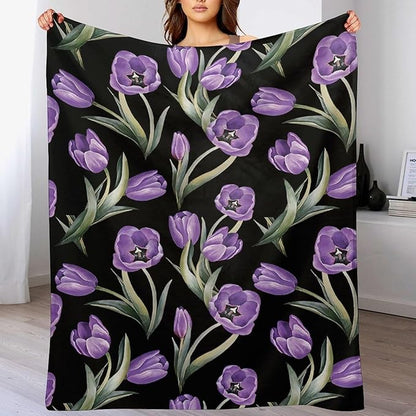 Purple Tulip Blanket Flower Gifts for Girls Women Tulip Floral Throw Blanket for Kids Adults Soft Warm Cozy Fleece Blanket for Couch Sofa Bed 40"x50"