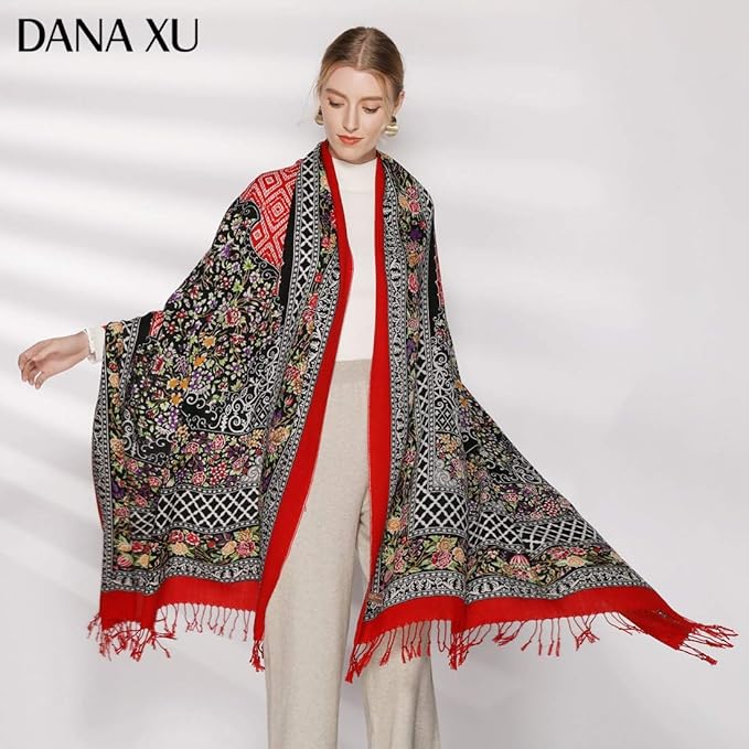 DANA XU 100% Merino Wool Pashmina Shawl for Women 96"x43", Oversized Cashmere Wrap with Tassels, Floral Travel Blanket Cape